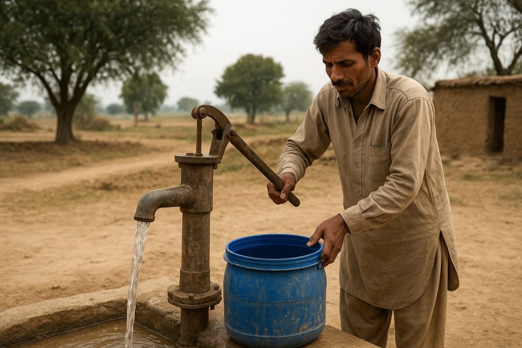 گاؤں کا مرد پانی بھر رہا ہے — پاکستان میں پانی کی قلت کی علامت