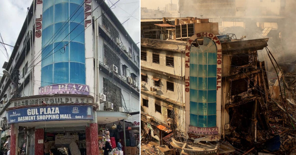 Gul Plaza Karachi fire aftermath showing burnt commercial building and rescue operations