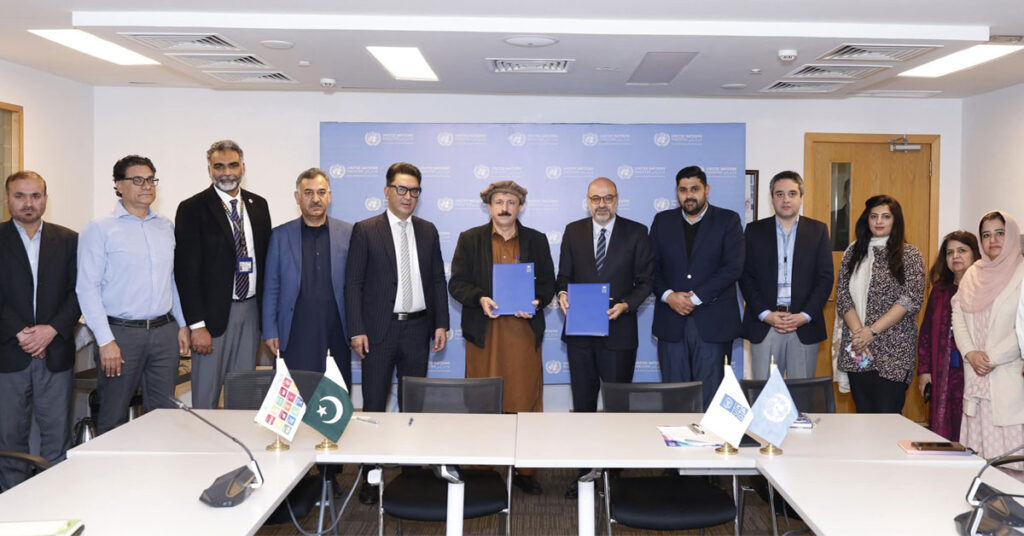 Officials signing climate resilience agreement between UNDP Pakistan and GBRSP to strengthen early warning systems in Gilgit Baltistan mountain communities