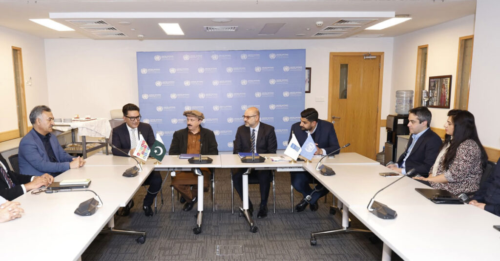 Officials signing climate resilience agreement between UNDP Pakistan and GBRSP to strengthen early warning systems in Gilgit Baltistan mountain communities