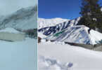 Snow-covered tents and a house buried under heavy snowfall in a mountainous region of Gilgit-Baltistan, highlighting extreme winter weather conditions.