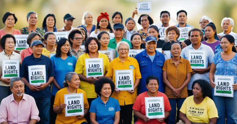 Large group of community members holding “Land Rights” signs during a gathering advocating secure land ownership.