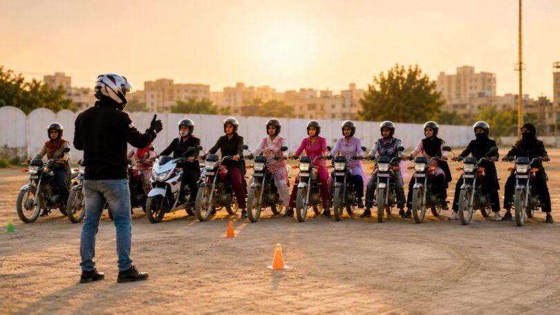 A group of women on motorcycles attend a riding lesson in an open training ground in Karachi while an instructor provides guidance.