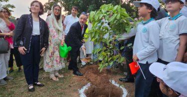 وزیرِ مملکت برائے موسمیاتی تبدیلی ڈاکٹر شیزرا منصب علی خان اور پاکستان میں ترکیہ کے سفیر ڈاکٹر عرفان نذیروغلو اسلام آباد کے انقرہ پارک میں یومِ جمہوریت و قومی یکجہتی کی مناسبت سے شجرکاری مہم کے دوران پودا لگاتے ہوئے۔